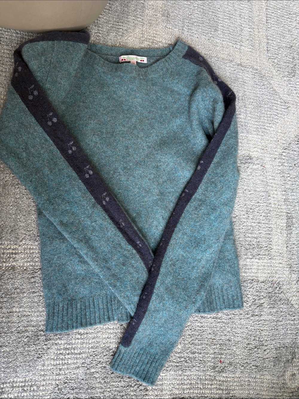 Bonpoint Teal Sweater with Navy Sleeve Trim